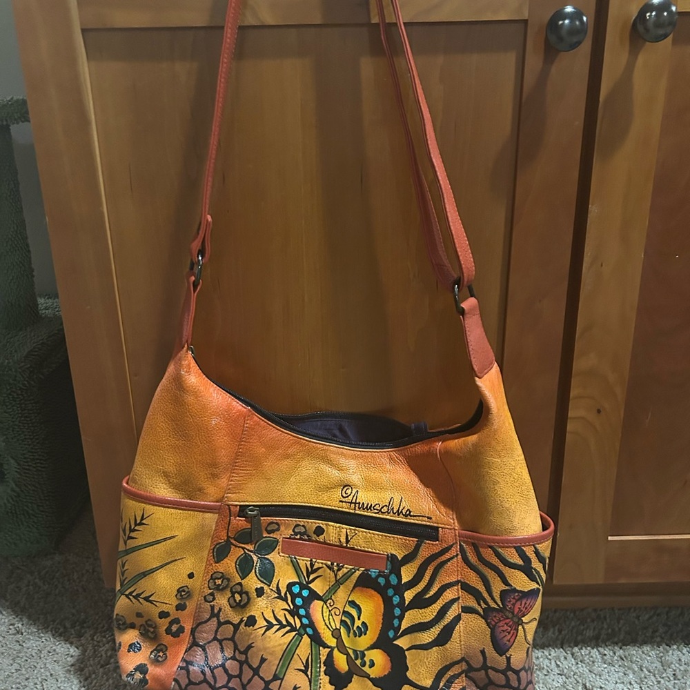 Anuschka Orange and Yellow Shoulder Bag with Artistic Flair